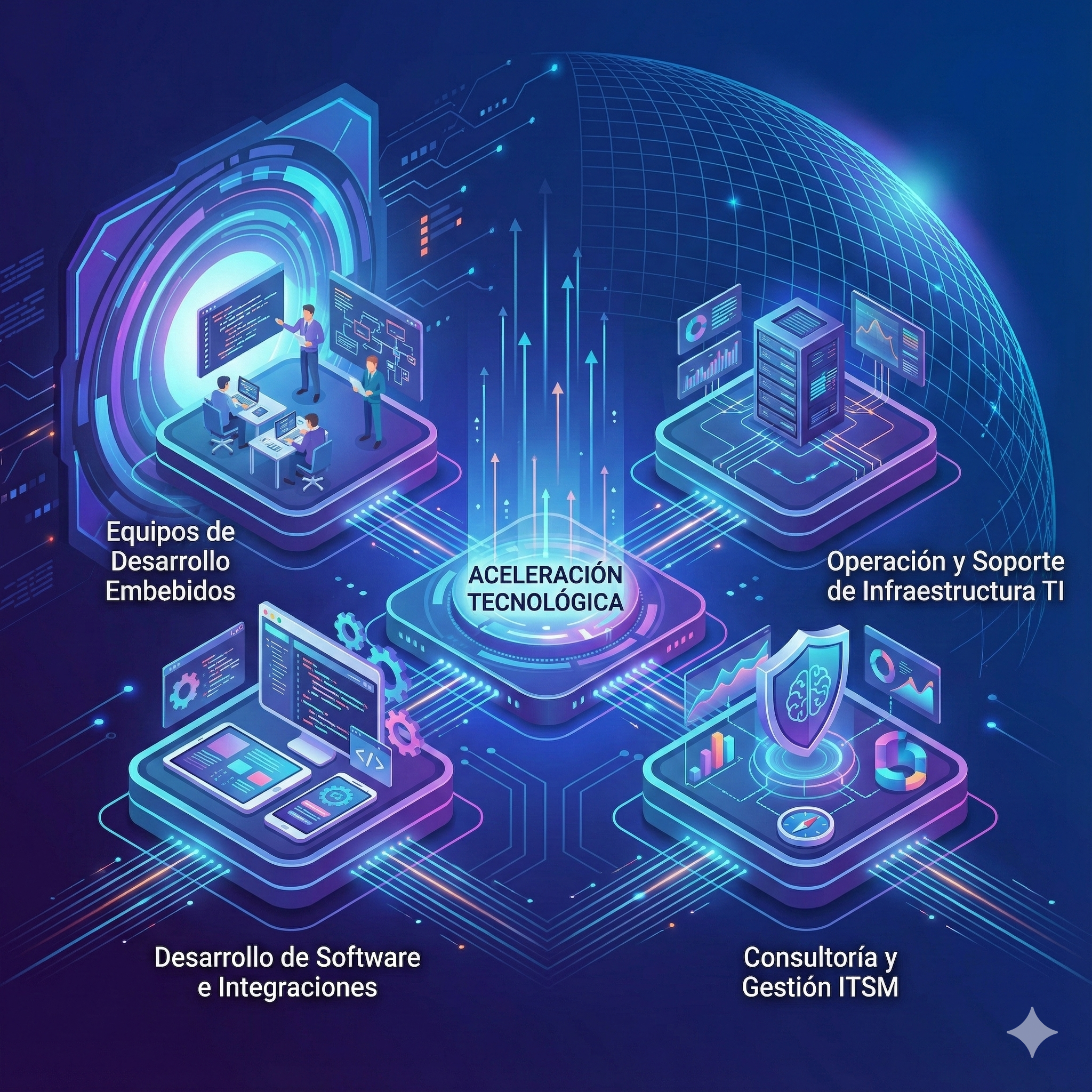 Visualización 3D de red digital con nodos brillantes